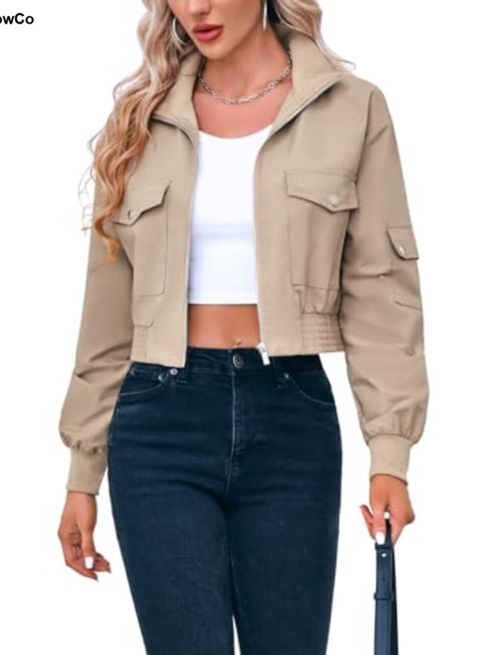 Women's Cropped Bomber Jacket Zip Up Casual Lightweight Short Coat